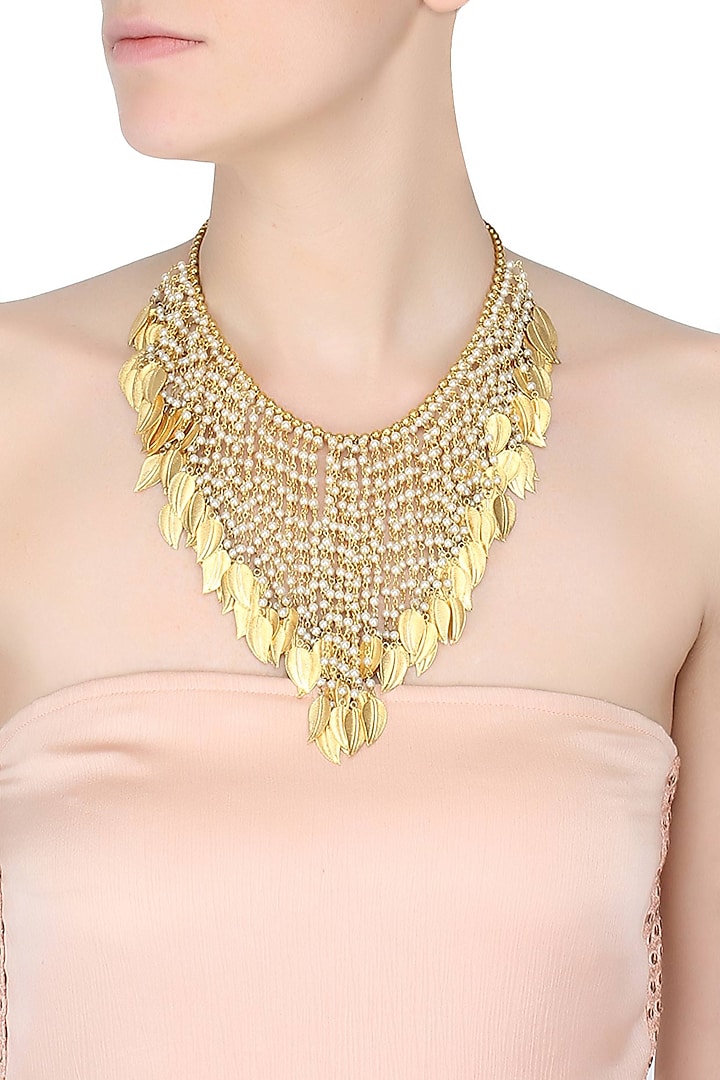 Gold Plated Leaf Cascade Necklace by Raabta By Rahul