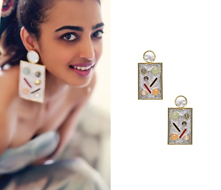 Gold plated perfume bottle earrings with semi precious stones available only at Pernia's Pop Up Shop.