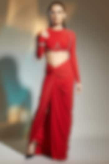 Milano Red Polyester Draped Skirt Set by Tisharth by Shivani