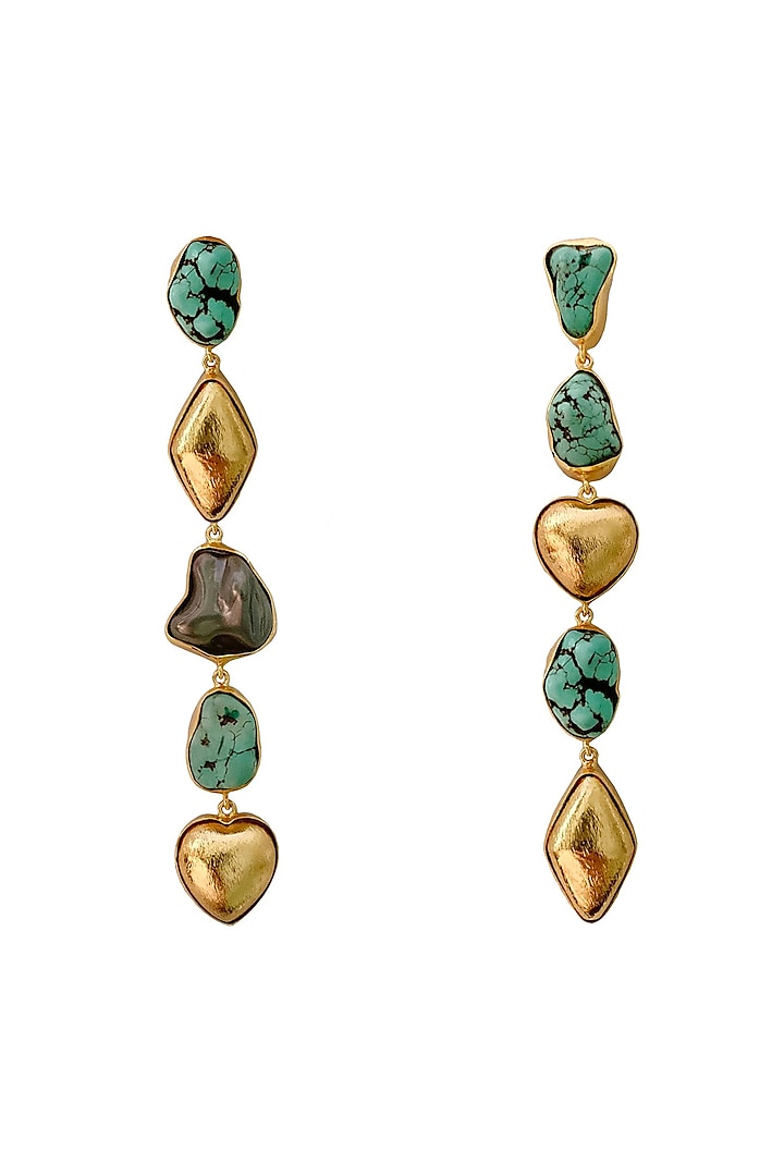 Gold Finish Turquoise & Heart Charm Dangler Earrings by Radhika Agrawal Jewels