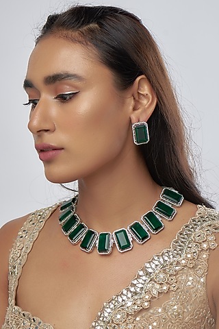 White Finish Emerald Stone Choker Necklace Set by Raga Baubles