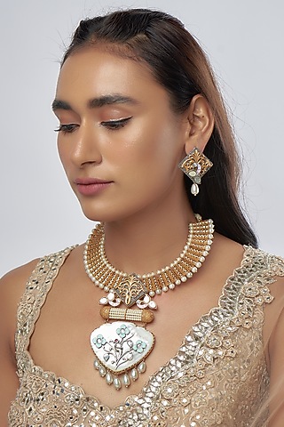 Gold Finish Kundan Polki & Pearl Pendant Necklace Set by Raga Baubles