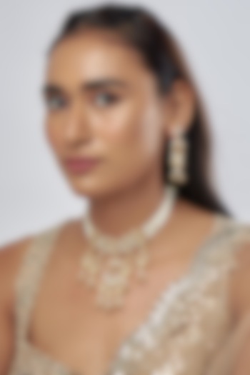 Gold Finish Kundan Polki & Pearl Choker Necklace Set by Raga Baubles at Pernia's Pop Up Shop