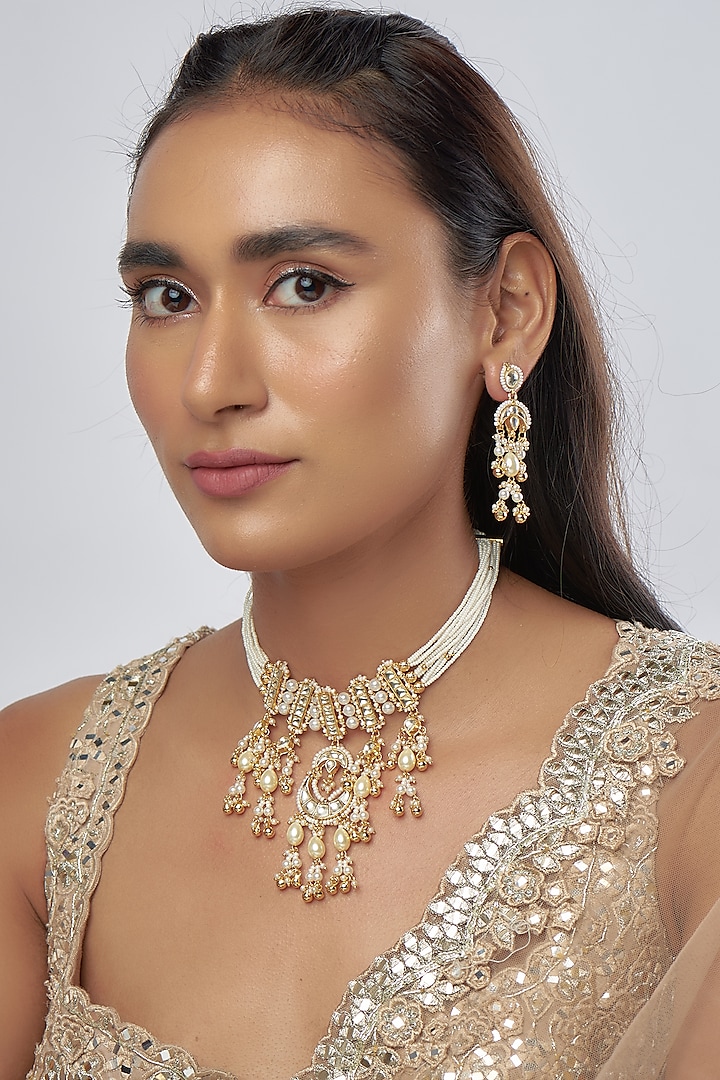 Gold Finish Kundan Polki & Pearl Choker Necklace Set by Raga Baubles at Pernia's Pop Up Shop