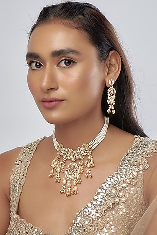 Gold Finish Kundan Polki & Pearl Choker Necklace Set by Raga Baubles