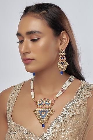 Gold Finish Kundan Polki & Tasseled Choker Necklace Set by Raga Baubles