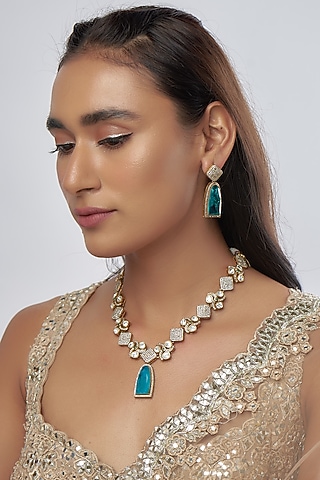 Two-Tone Finish Kundan Polki & Green Stone Necklace Set by Raga Baubles