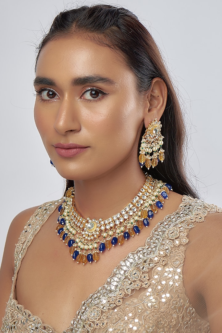Gold Finish Kundan Polki & Multi-Colored Choker Necklace Set by Raga Baubles