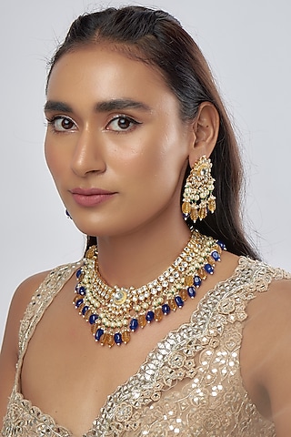 Gold Finish Kundan Polki & Multi-Colored Choker Necklace Set by Raga Baubles