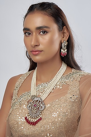 Gold Finish Kundan Polki & Red Beaded Choker Necklace Set by Raga Baubles