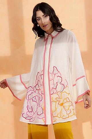 Off-White Chinon Silk Floral Embroidered Shirt by RADKA