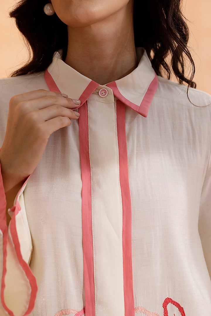 Off-White Chinon Silk Floral Embroidered Shirt by RADKA at Pernia's Pop Up Shop