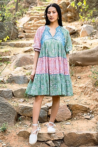 Multi-Colored Cotton Mul Slip-On Dress by Raiman
