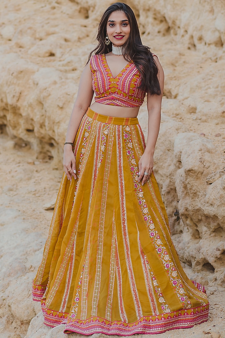 Ochre Yellow Georgette Printed Lehenga Set by Paulmi & Harsh