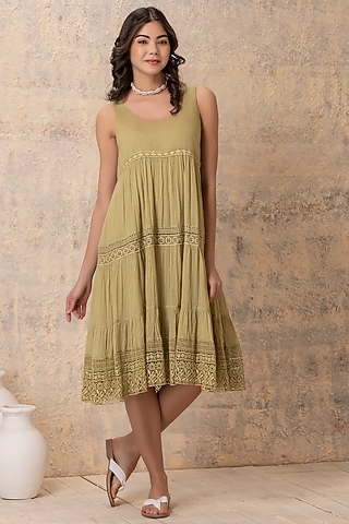 Green Cotton Tiered Dress by Karuna Khaitan