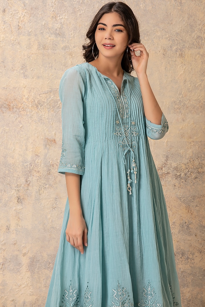 Blue Embroidered Layered Summer Dress by Karuna Khaitan at Pernia's Pop Up Shop