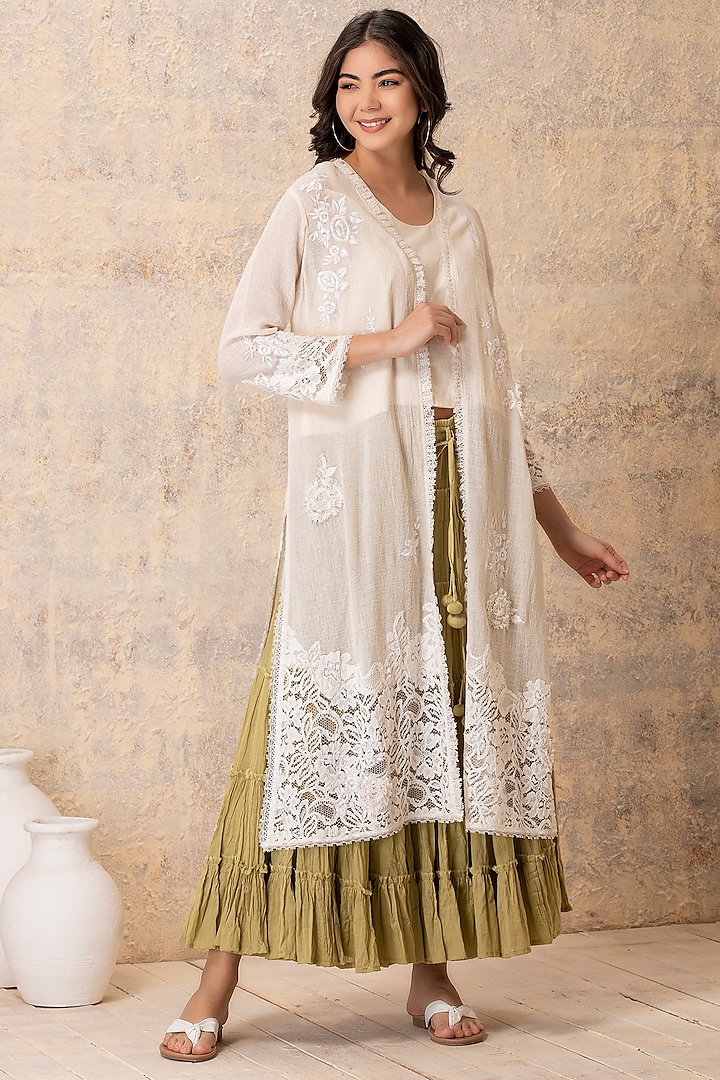 Off White Embroidered Overlay Cape by Karuna Khaitan