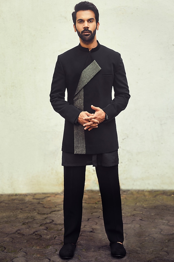 Black Kurta Set With Bandhgala Jacket by TISASTUDIO