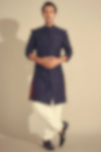 Midnight Blue Embroidered Sherwani Set by Seema Gujral Men