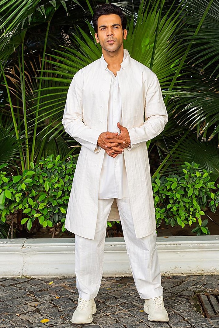 Ivory Cotton Silk Long Indowestern Jacket by Antar Agni Men