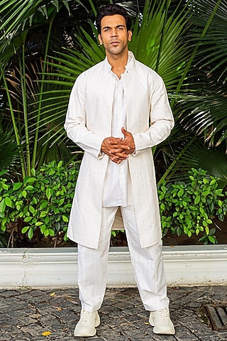 Ivory Cotton Silk Long Indowestern Jacket by Antar Agni Men