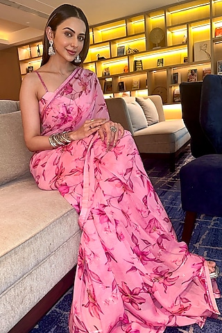 Pink Printed Pre-Stitched Saree Set by DOHR INDIA