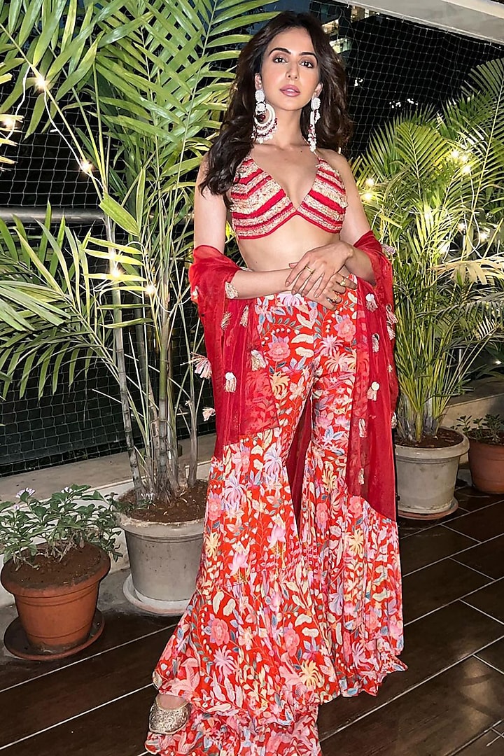 Paprika Red Floral Printed Pant Set by Rishi & Vibhuti