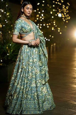 Ice Blue Printed Lehenga Set by Sana Barreja