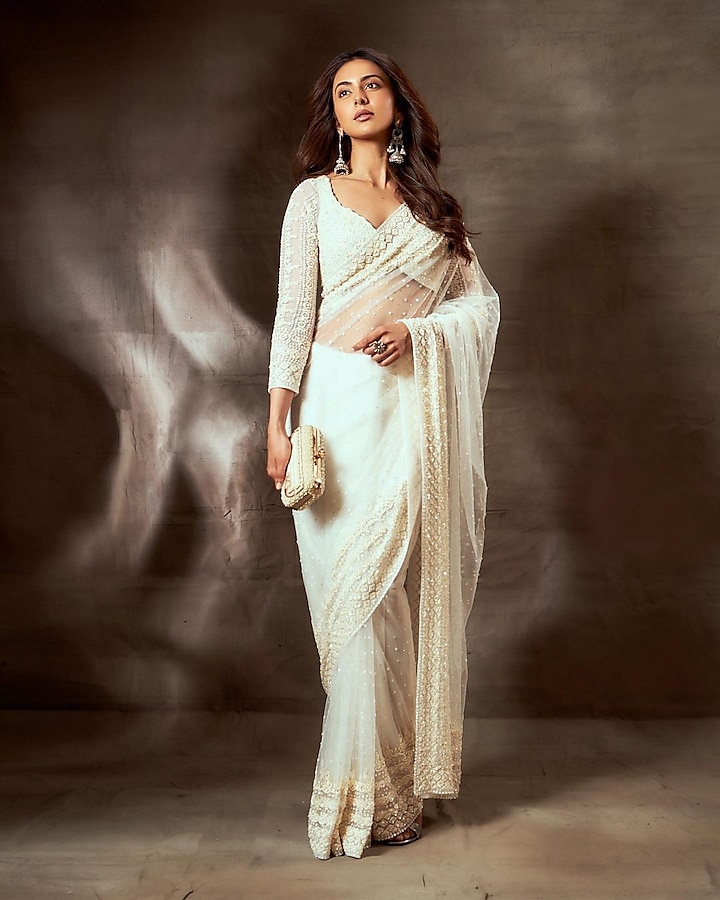 Ivory Sequinned Saree Set by Seema Gujral