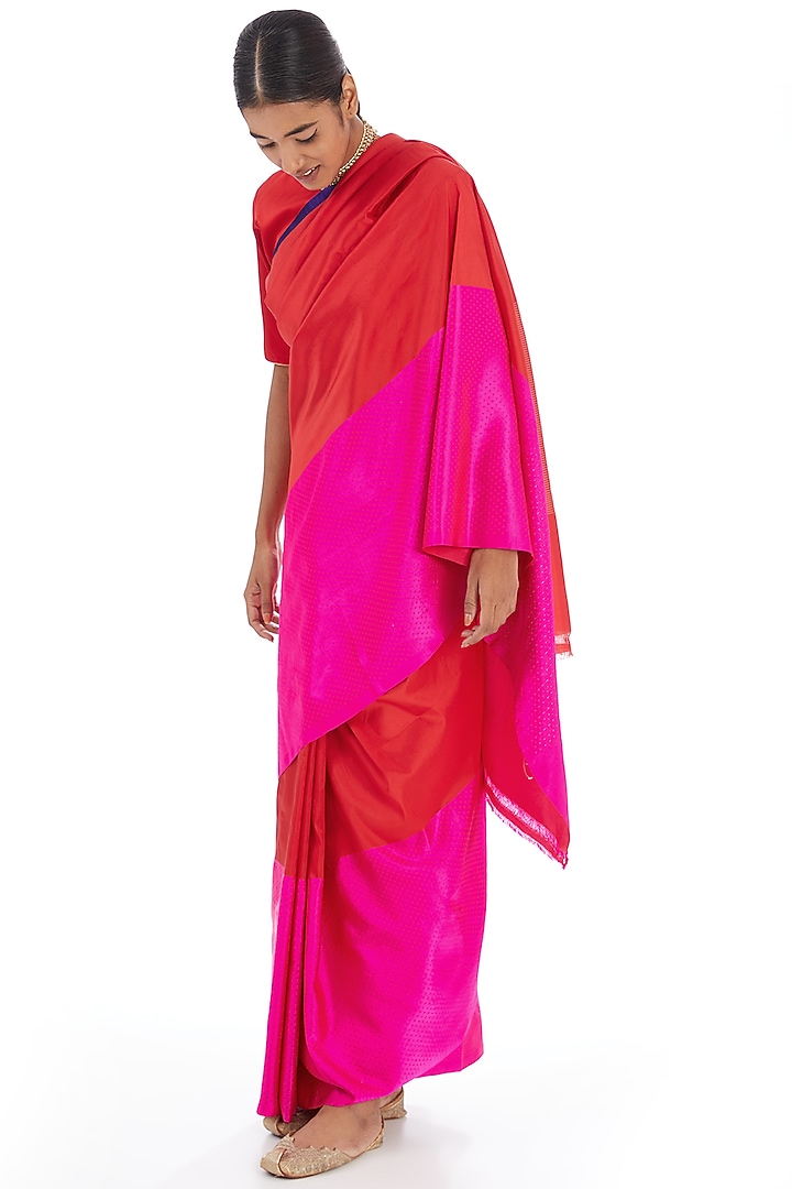 Red & Rani Pink Silk Wedding Saree by Raw Mango at Pernia's Pop Up Shop