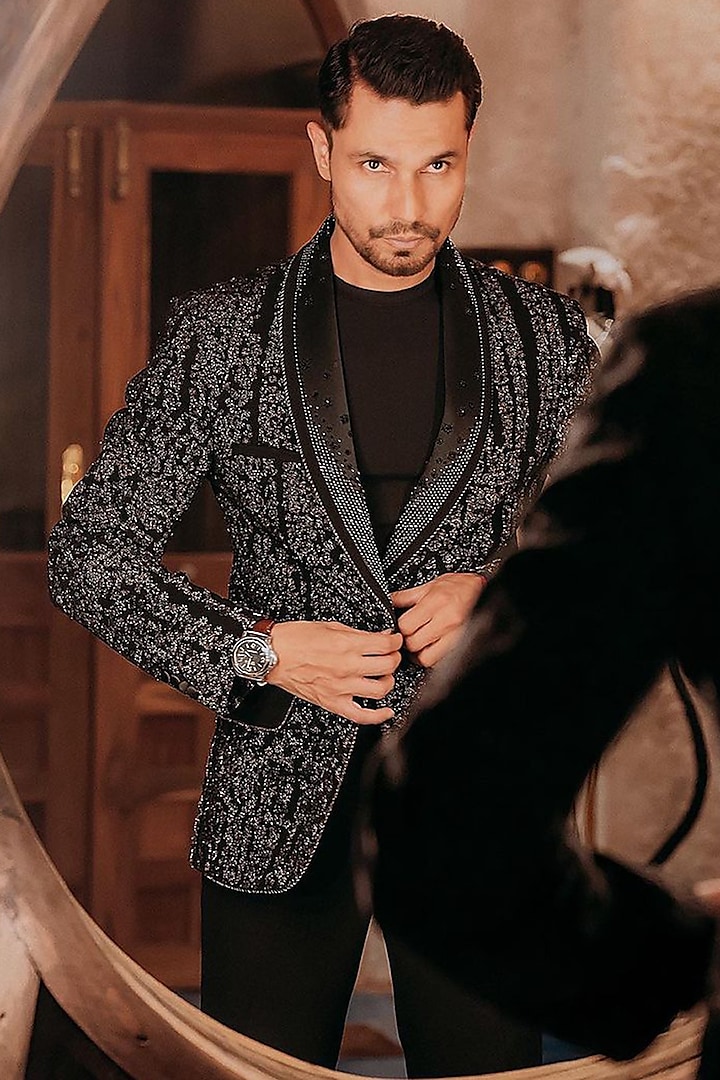 Black Crepe Embroidered Tuxedo Set by Rohit Gandhi & Rahul Khanna Men