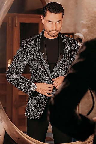 Black Crepe Embroidered Tuxedo Set by Rohit Gandhi & Rahul Khanna Men