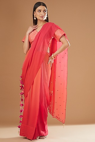 Multi-Colored Georgette Embroidered Pre-Pleated Saree Set by Rang By Manjula Soni