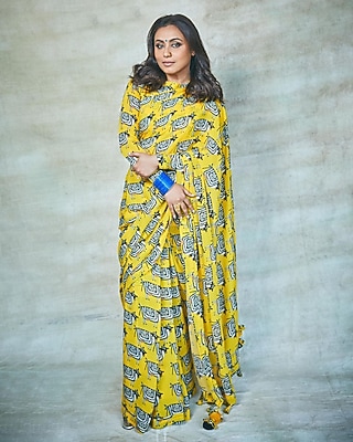 Yellow Printed Saree Set by Masaba