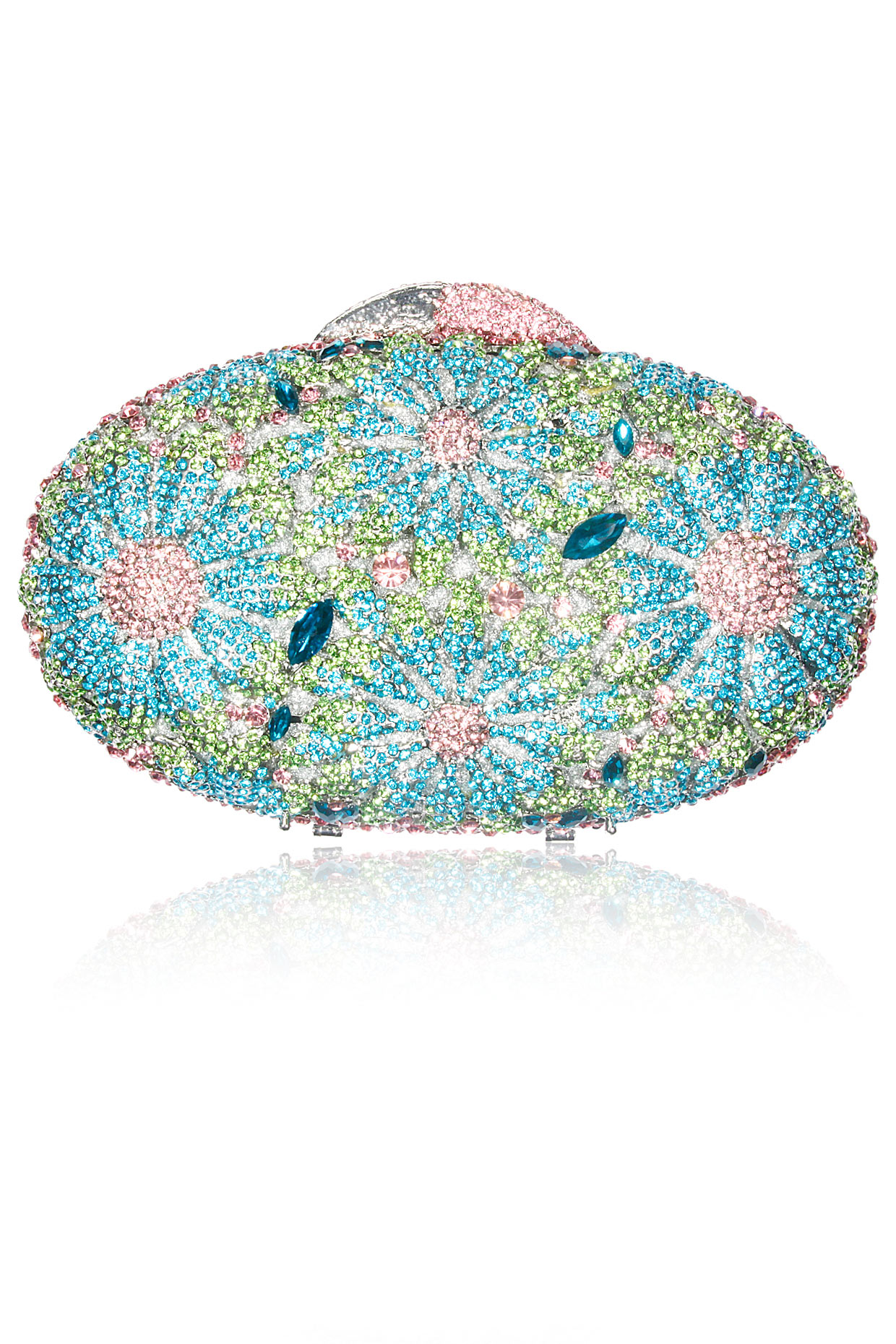 Blue and pink swarovski crystal metal oval clutch available only at Pernia's Pop Up Shop.