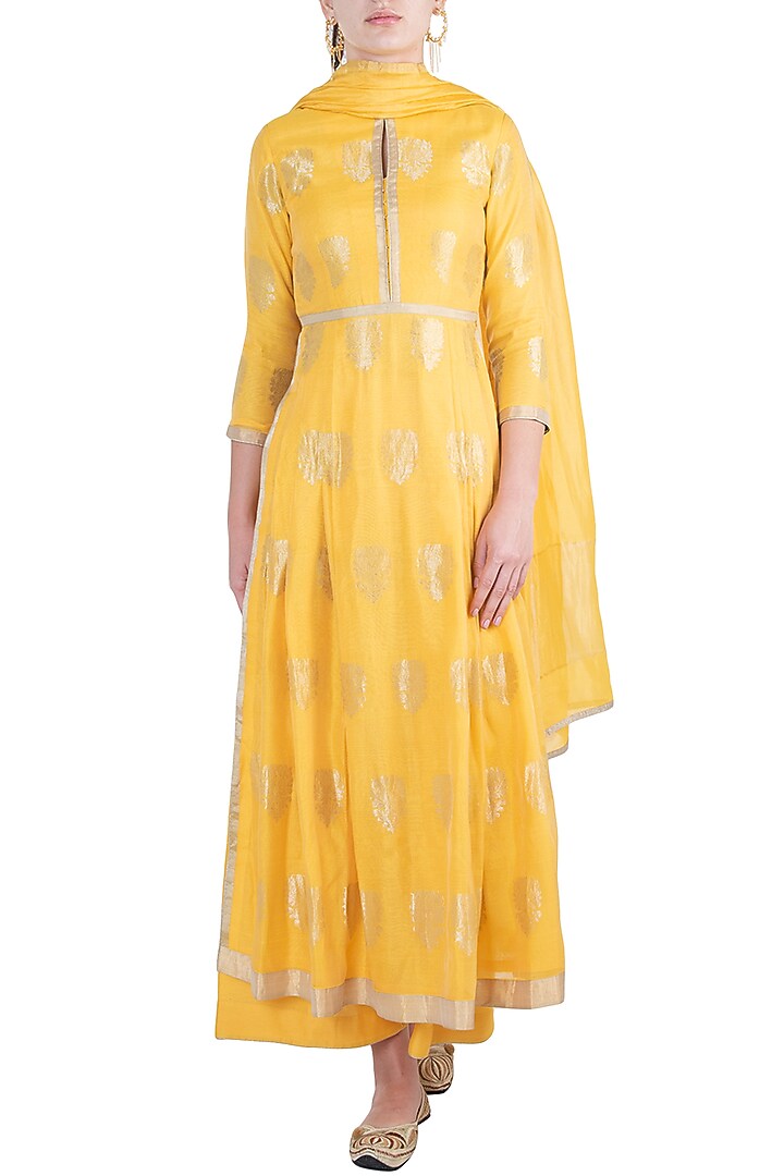 Yellow embroidered anarkali set available only at Pernia's Pop Up Shop.