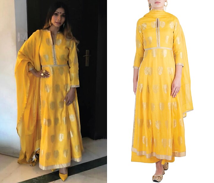 Yellow embroidered anarkali set available only at Pernia's Pop Up Shop.