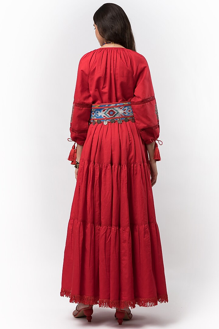 Crimson Red Linen Hand Embroidered Maxi Cocktail Dress by Rara Avis at Pernia's Pop Up Shop