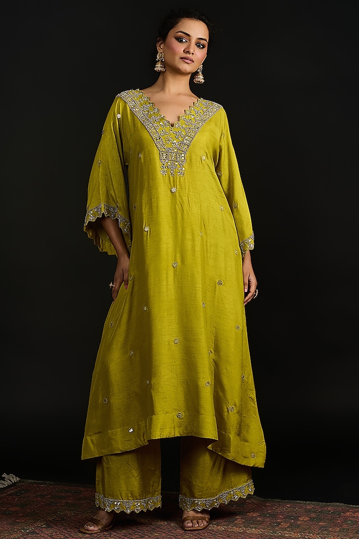 Lime Green Silk Thread Work & Hand Embroidered Kurta Set by Reeti Arneja at Pernia's Pop Up Shop