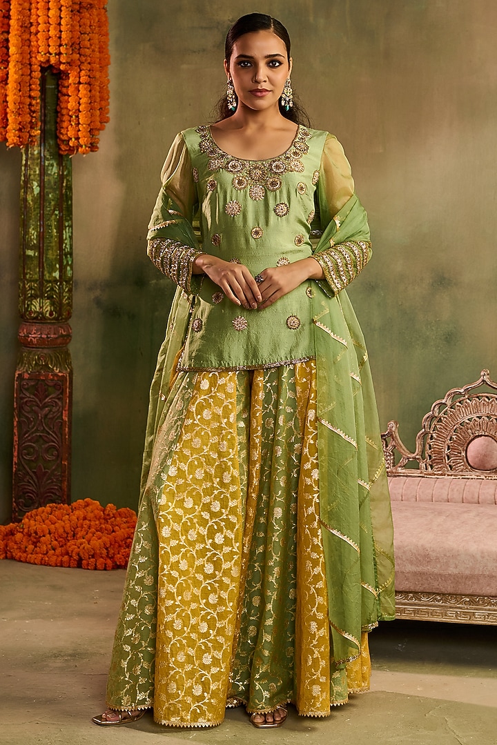 Multi-Colored Chanderi Banarasi Wedding Sharara Set by Reeti Arneja at Pernia's Pop Up Shop