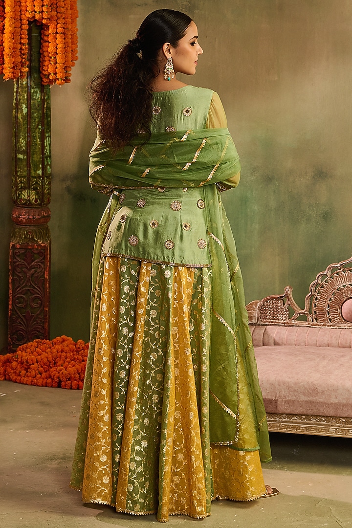 Multi-Colored Chanderi Banarasi Applique Work Wedding Sharara Set by Reeti Arneja at Pernia's Pop Up Shop