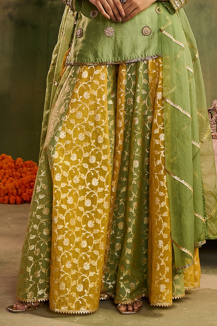 Multi-Colored Chanderi Banarasi Applique Work Wedding Sharara Set by Reeti Arneja at Pernia's Pop Up Shop
