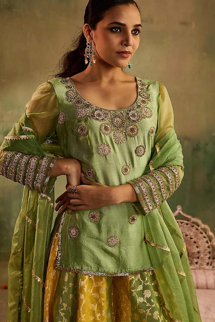 Multi-Colored Chanderi Banarasi Applique Work Wedding Sharara Set by Reeti Arneja at Pernia's Pop Up Shop