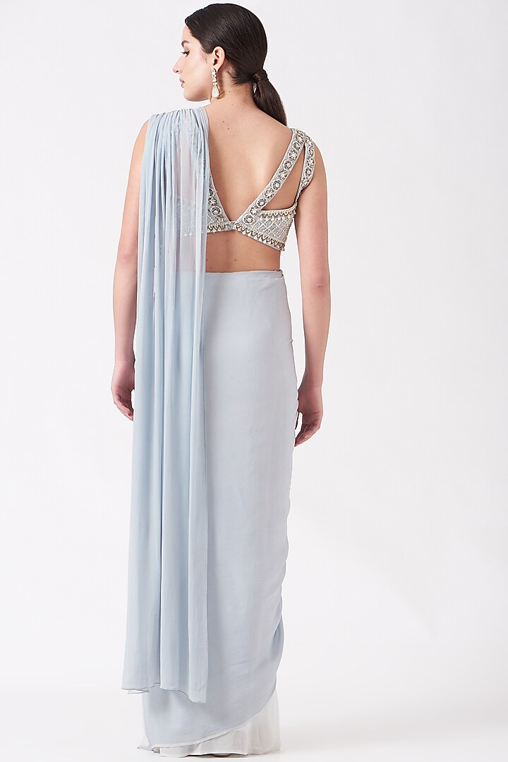 Sky Blue Embroidered Pre-Stitched Reception Saree Set by Reeti Arneja at Pernia's Pop Up Shop