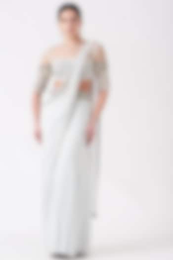 Ceramic White Tasseled Pre-Stitched Saree Set by Reeti Arneja
