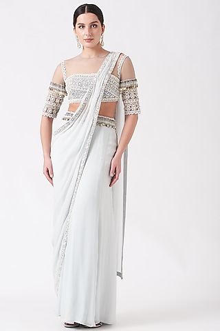 Ceramic White Tasseled Pre-Stitched Saree Set by Reeti Arneja