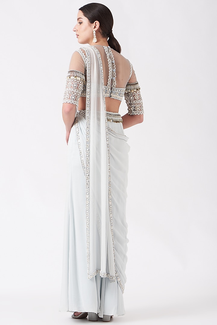 Ceramic White Tasseled Pre-Stitched Wedding Saree Set by Reeti Arneja at Pernia's Pop Up Shop