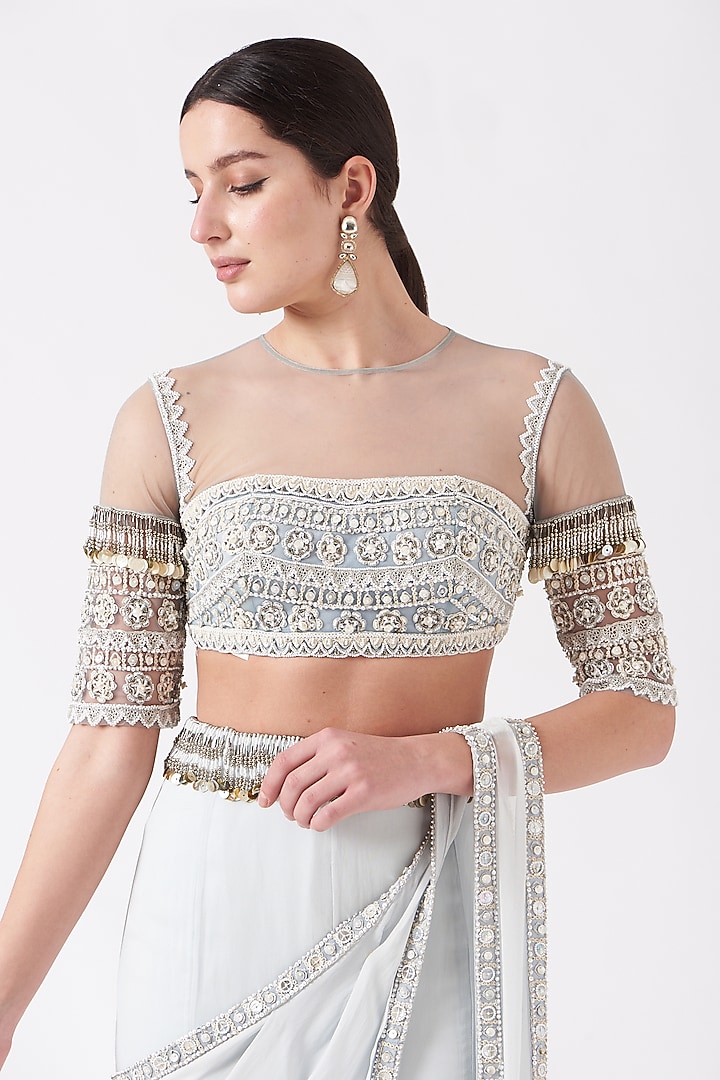 Ceramic White Tasseled Pre-Stitched Wedding Saree Set by Reeti Arneja at Pernia's Pop Up Shop