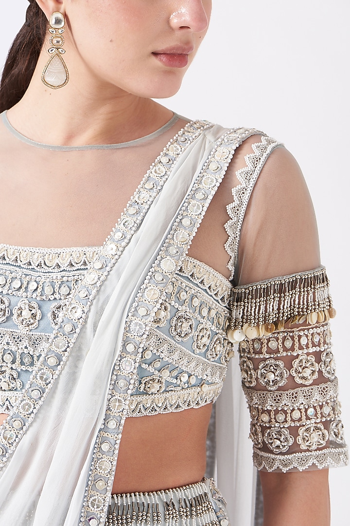 Ceramic White Tasseled Pre-Stitched Wedding Saree Set by Reeti Arneja at Pernia's Pop Up Shop