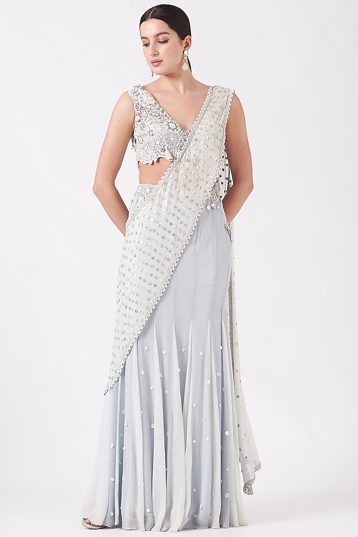 Light Blue Georgette Pre-Stitched Saree Set by Reeti Arneja